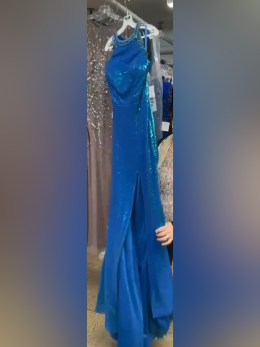 Colors Dress Iridescent Blue Sequin Prom Gown with Beaded Shoulder Straps - Picture 3 of 6